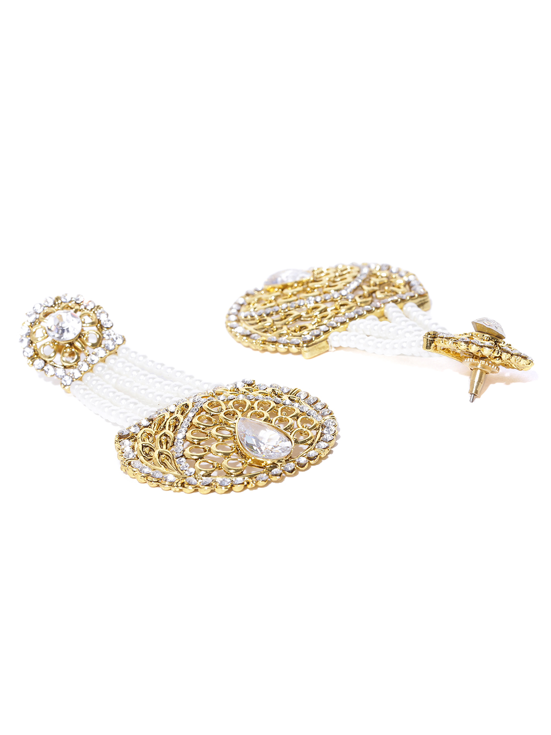 YouBella White Gold-Plated Stone-Studded Beaded Drop Earrings